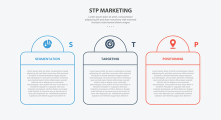 STP marketing infographic outline style with 3 point template with creative table and half circle header for slide presentation