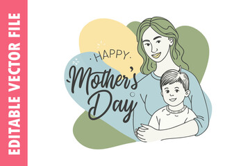 Happy Mother's Day Vector Illustration, Loving Mom and Child Line Art, Editable Digital Design for Celebrations