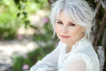 Fototapeta premium Elegant mature woman with silver hair wearing a white outfit soft natural light classic portrait timeless beauty graceful aging