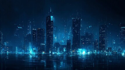 Futuristic Cityscape at Night Neon Lights and Digital Skyline