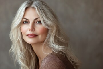 Naklejka premium Elegant mature woman with soft waves in her blonde hair confident expression neutral background sophisticated and graceful beauty