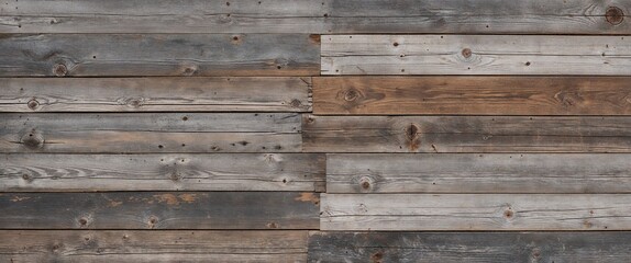 The planks are weathered, showcasing a variety of gray and brown tones, with visible grain patterns and knots. The texture is rough, indicating age and exposure to the elements. 