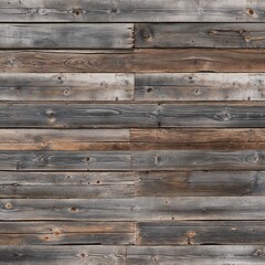 Fototapeta premium The planks are weathered, showcasing a variety of gray and brown tones, with visible grain patterns and knots. The texture is rough, indicating age and exposure to the elements. 