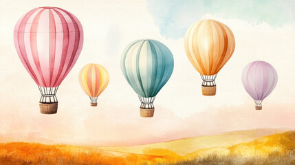 Colorful hot air balloons floating over countryside landscape with soft pastel sky, creating dreamy and whimsical atmosphere. scene evokes sense of adventure and tranquility
