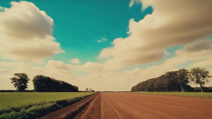 a truck driving through an empty road with trees in the distance and clouds in the sky