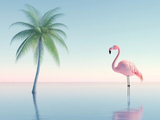 Peaceful Flamingo and Palm by the Water