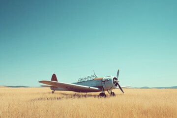 Vintage aircraft parked in a golden field under a clear blue sky on a sunny day. Generative AI