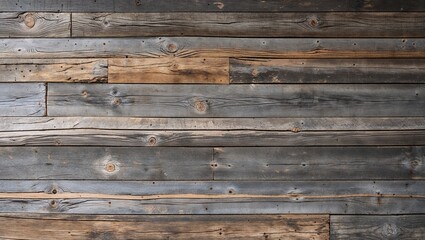 The planks are weathered, showcasing a variety of gray and brown tones, with visible grain patterns and knots. The texture is rough, indicating age and exposure to the elements. 