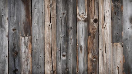 Fototapeta premium The planks are weathered, showcasing a variety of gray and brown tones, with visible grain patterns and knots. The texture is rough, indicating age and exposure to the elements. 