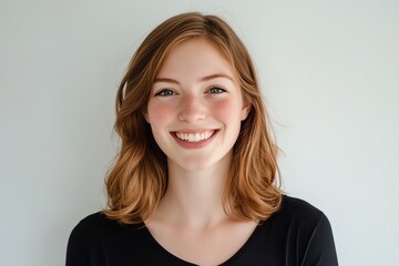 Obraz premium Minimalist beauty portrait of a young woman smiling soft white background radiant skin fresh and natural beauty clean and simple aesthetic