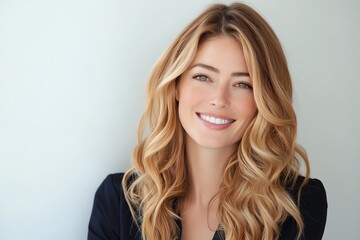 Modern stylish woman with wavy blonde hair smiling white background confident and happy expression contemporary fashion portrait