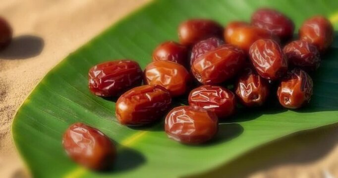 Motion shot of dates fruit, honey, bidara leaves, chickpeas, Arabian fruits, sand dune, desert, Eid Mubarak, Ramadan