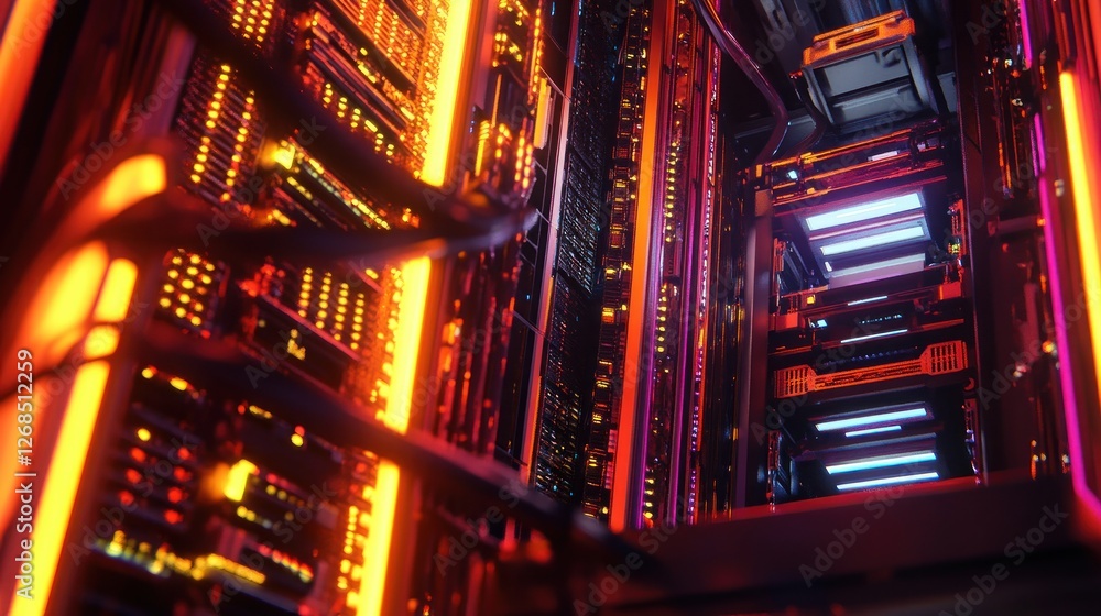 Poster glowing server racks illuminate data center