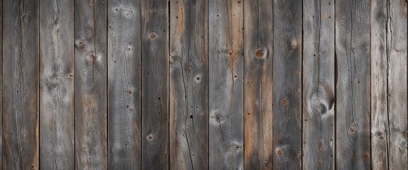 Fototapeta premium The planks are weathered, showcasing a variety of gray and brown tones, with visible grain patterns and knots. The texture is rough, indicating age and exposure to the elements. 