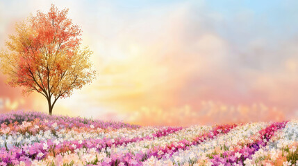 Fototapeta premium vibrant field of flowers with clean rows stretches under pastel sky at sunset, creating serene and picturesque landscape. lone tree with autumn colored leaves stands gracefully to side