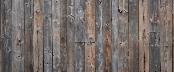 Fototapeta premium The planks are weathered, showcasing a variety of gray and brown tones, with visible grain patterns and knots. The texture is rough, indicating age and exposure to the elements. 