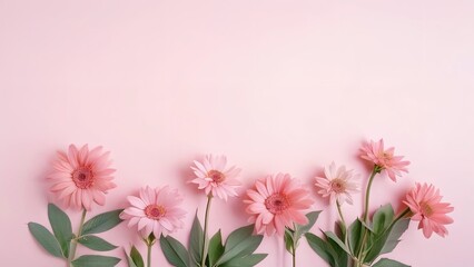 a vase filled with pink flowers next to a pink wall and some blue vases