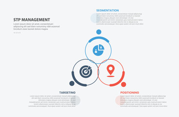 Fototapeta premium STP marketing infographic outline style with 3 point template with big circle cycle circular create triangle pyramid for slide presentation