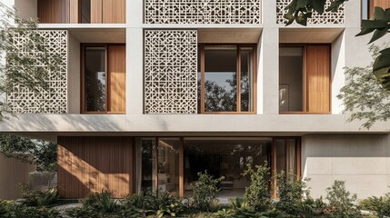 Fototapeta premium Modern building facade with intricate lattice screens and wooden doors.