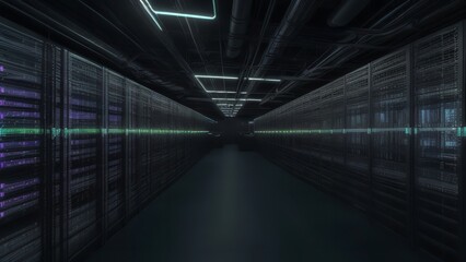 a very long hallway with some lights on all four sides of it and a few rows of rackets