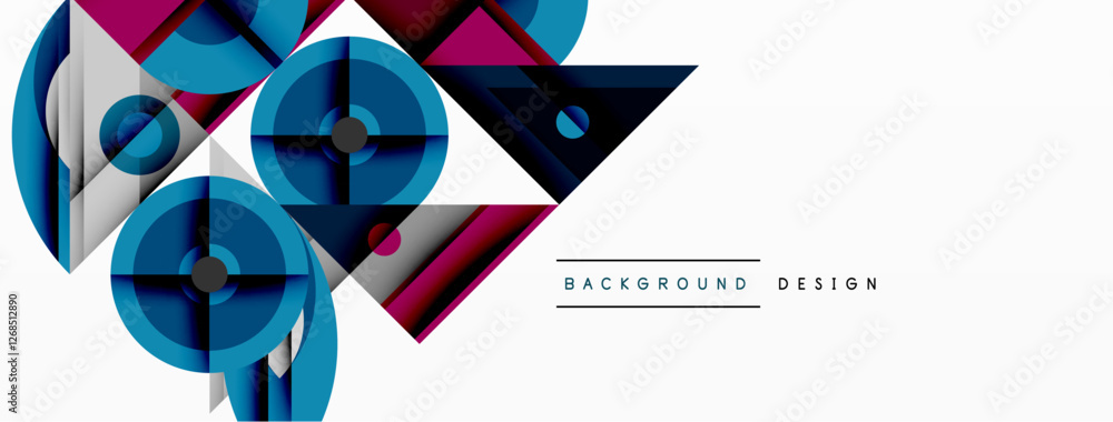 Poster Geometric abstract composition with intersecting shapes, circles, triangles, and gradients, blending vibrant colors and dynamic contrasts to create a modern, futuristic visual design