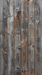 Fototapeta premium The planks are weathered, showcasing a variety of gray and brown tones, with visible grain patterns and knots. The texture is rough, indicating age and exposure to the elements. 