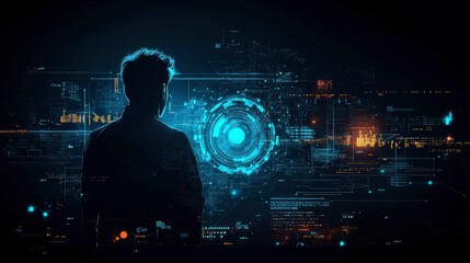 Silhouetted Man Contemplating Futuristic Data Interface