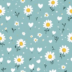 Seamless Pattern of White Daisy Flowers and Heart Shapes on Teal Blue Background