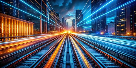 Fototapeta premium Futuristic Neon Train Tracks: Cityscape Motion Technology Stock Photo