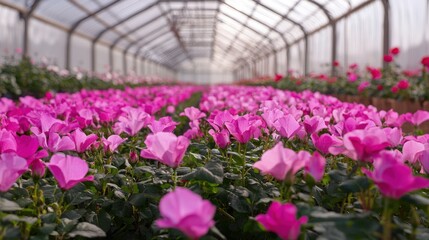 Obraz premium Vibrant pink flowers blooming in greenhouse nature photography lush environment close-up view floral beauty