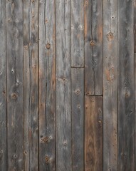 Fototapeta premium The planks are weathered, showcasing a variety of gray and brown tones, with visible grain patterns and knots. The texture is rough, indicating age and exposure to the elements. 