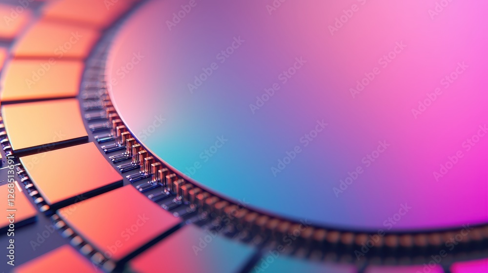 Poster abstract patterns of semiconductor wafer concept, detailed view of abstract patterns on glowing wafe