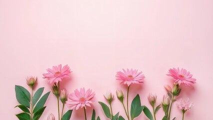 a vase filled with pink flowers next to a pink wall and some blue vases