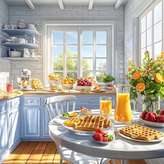 Bright and Inviting Kitchen Table Set for Breakfast with Fresh Fruits and Waffles in Morning Light