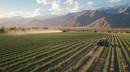 Fototapeta premium Tractor spraying crops in vast agricultural field with mountain backdrop.