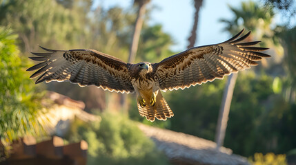 Obraz premium Majestic hawk in mid-flight showcasing wingspan against lush green background