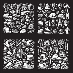 chalk food vector illustrations. wedding dinner icons, wine or champagne glass, cheese, and charcuterie drawings for wedding invitations, cafe menus, and parties.