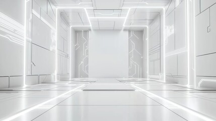 Obraz premium Futuristic white hallway with neon lighting, empty platform for presentation, modern interior