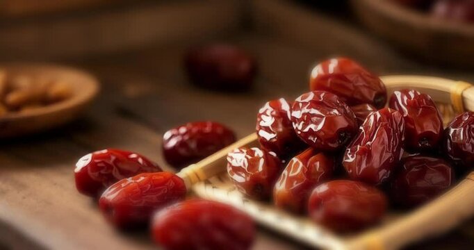 Motion shot of dates fruit, honey, bidara leaves, chickpeas, Arabian fruits, sand dune, desert, Eid Mubarak, Ramadan