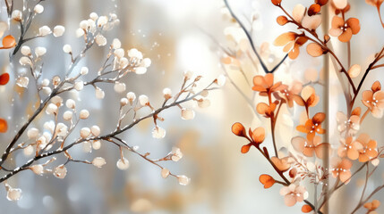 Frosted windowpane with delicate ice crystal patterns and warm autumnal branches, blending pale grays with soft crystalline textures and golden orange hues in serene winter scene