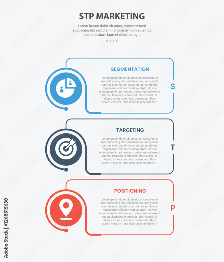 Aufkleber stp marketing infographic outline style with 3 point template with creative box with circle edge on 