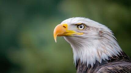 Fototapeta premium Majestic bald eagle profile portrait looking sideways against a soft green blurred forest background.