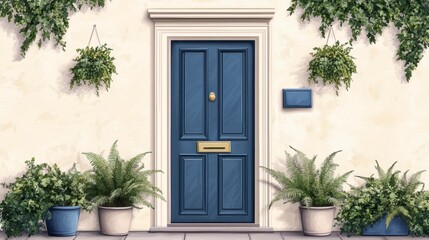 Fototapeta premium front wall of a house with a midnight blue door, surrounded by soft cream-colored walls and a set of potted ferns