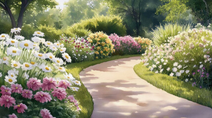 Obraz premium winding garden path bordered by blooming flowers in shades of pink, white, and yellow, bathed in warm sunlight. Lush greenery and trees create peaceful, inviting atmosphere