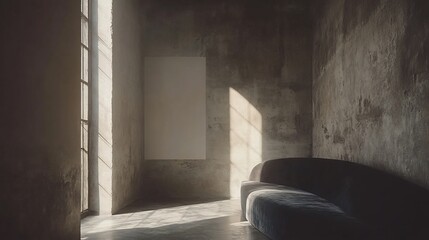 Moody sunlight illuminates a dark grey velvet curved sofa in a rustic room. AI Generated