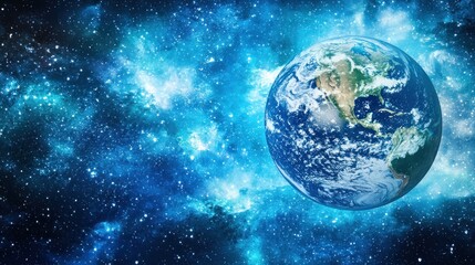 Earth floating in space, nebula background