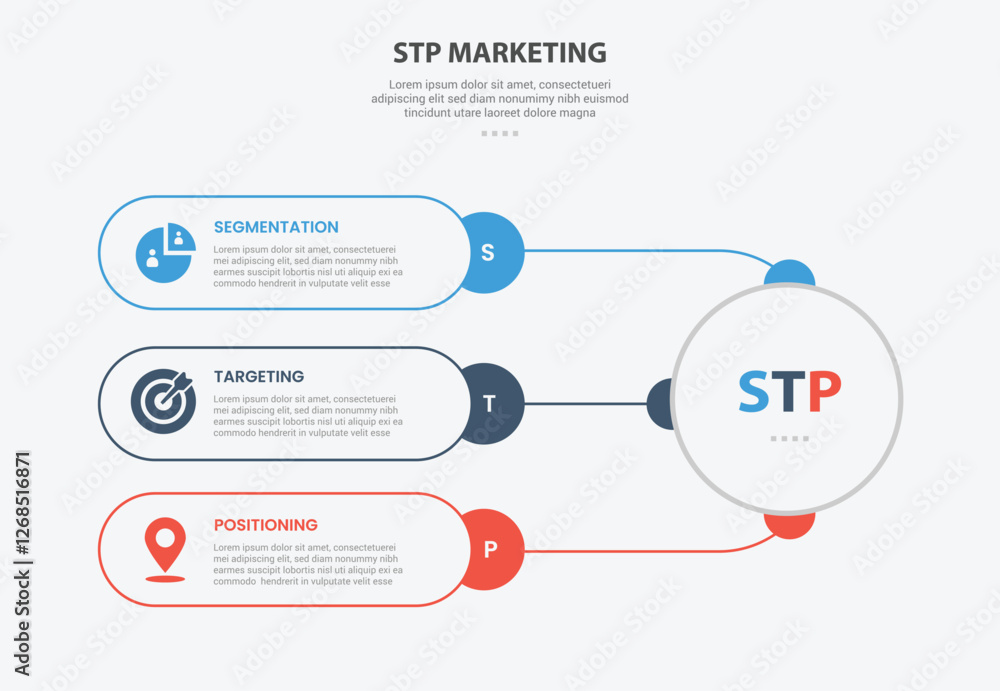 Aufkleber stp marketing infographic outline style with 3 point template with round rectangle container connect