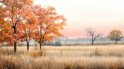 Autumn trees with golden and orange leaves stand in serene field of tall, dry grass under soft pink and pale sky at dawn, creating peaceful and dreamy landscape