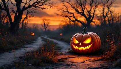 Spooky Jack-o'-lantern Glowing on Dirt Path at Dusk for Halloween
