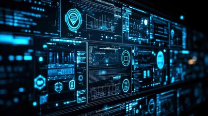 Obraz premium Futuristic Digital Interface Data Streams and Network Monitoring Wall